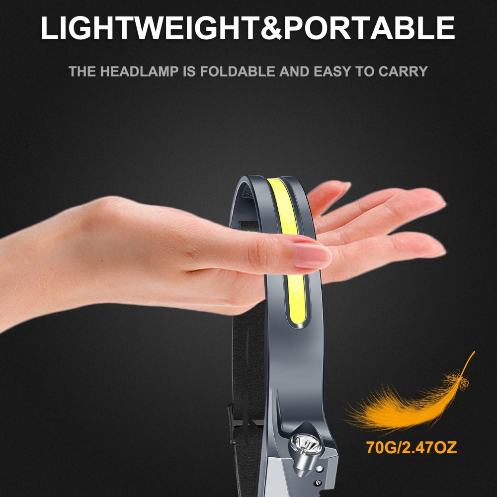 USB C Rechargeable Headlamp 2 COB 5 Modes Super Bright 230° Wide Beam LED Headlamp Lightweight Waterproof Motion Sensor Headlamp Flashlight for Running Camping Hiking Working