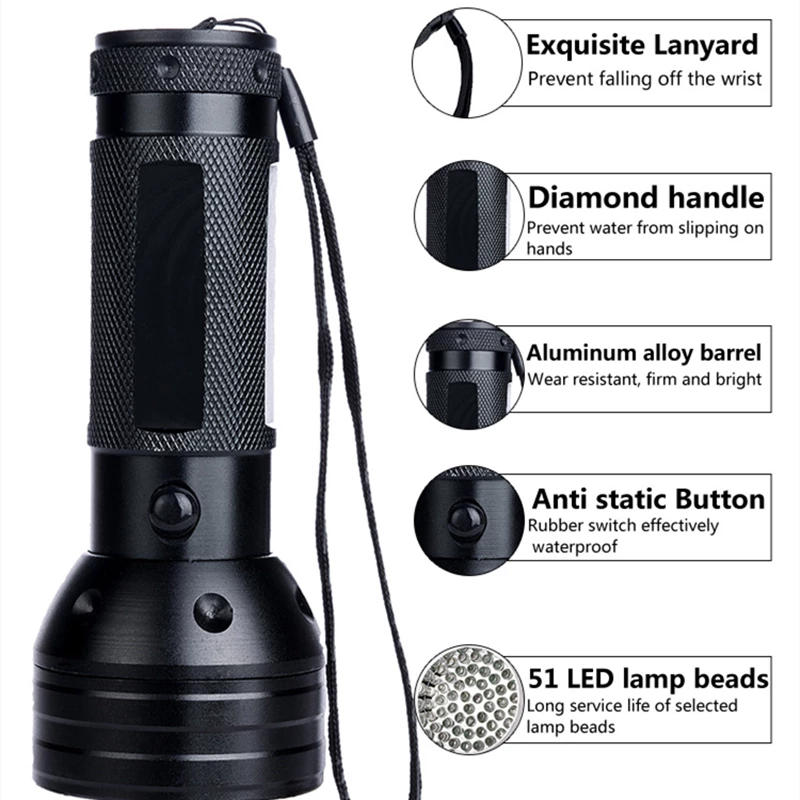 UV Flashlight 51LED UV Light 395-400nm LED 3 Modes Dimming Jewelry Inspection Torch Ultraviolet Power Light Lamp with Pet Care