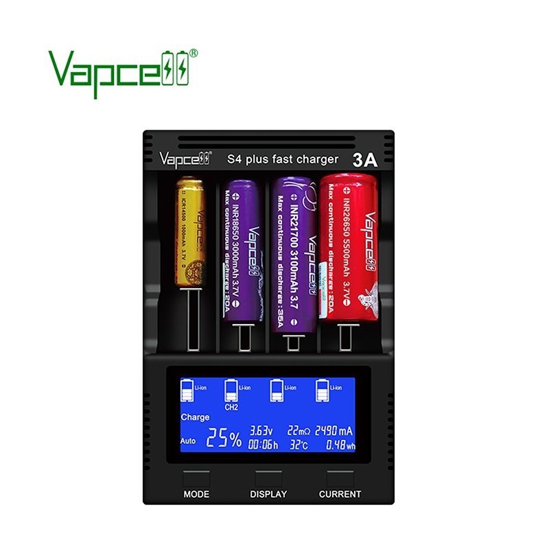 Vapcell S4+ Smart Chargers with 4 Slots, max 3A per slot, for 10440 14500 16340 18650 21700 and 26650 Batteries