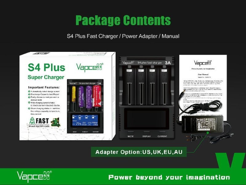 Vapcell S4+ Smart Chargers with 4 Slots, max 3A per slot, for 10440 14500 16340 18650 21700 and 26650 Batteries
