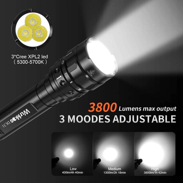 Wurkkos DL31 Powerful 3800lm Diving Light Triple Cree XPL2 18650 Flashlight with Easy Magnetic Control 3 Modes