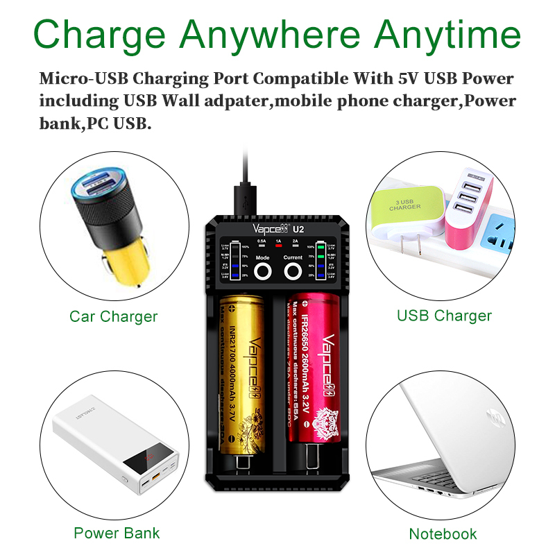 Vapcell U2 2A Smart mini charger USB for Li-ion / Lifepo4 / Ni-MH/Ni-Cd AAA AAAA C D battery charge