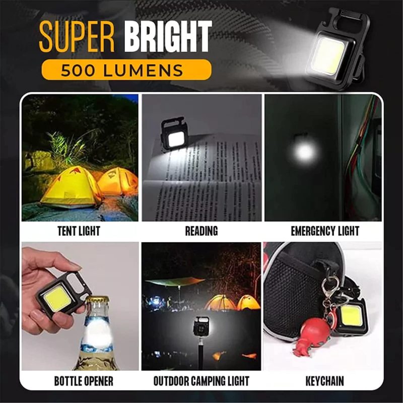 Keychain Light Mini LED Flashlight 500lm Portable COB USB Rechargeable Pocket Work Lamp MultiFunction with Corkscrew