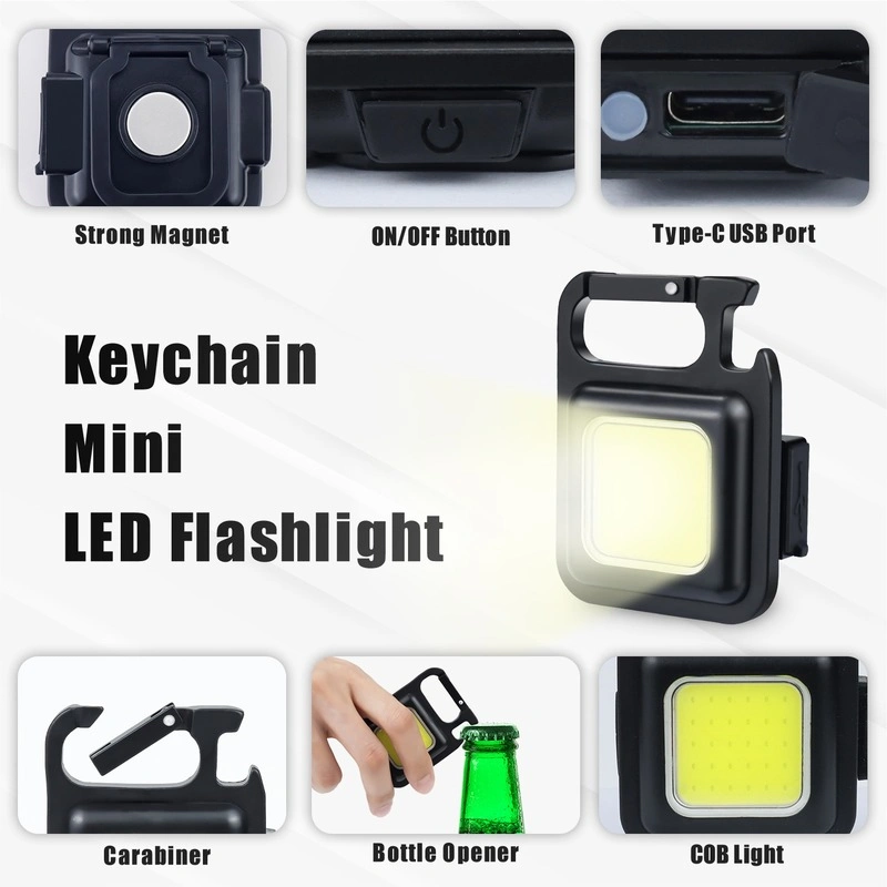 Keychain Light Mini LED Flashlight 500lm Portable COB USB Rechargeable Pocket Work Lamp MultiFunction with Corkscrew