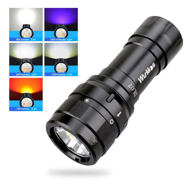 Wurkkos DL07 Mulit Color LED Flashlight Photo Fill Light Dive Light with White Red Powerful 26650 Flashlight Magnetic Switch