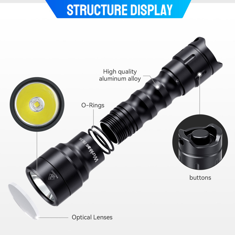 [New Arrival] Wurkkos DL16 Cost-Effective 2000lm Diving flashlight, Rechargeable Flashlight Underwater up to 100 Meters, with 18650 Battery