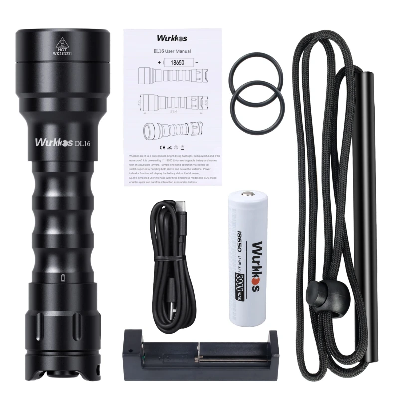 [New Arrival] Wurkkos DL16 Cost-Effective 2000lm Diving flashlight, Rechargeable Flashlight Underwater up to 100 Meters, with 18650 Battery