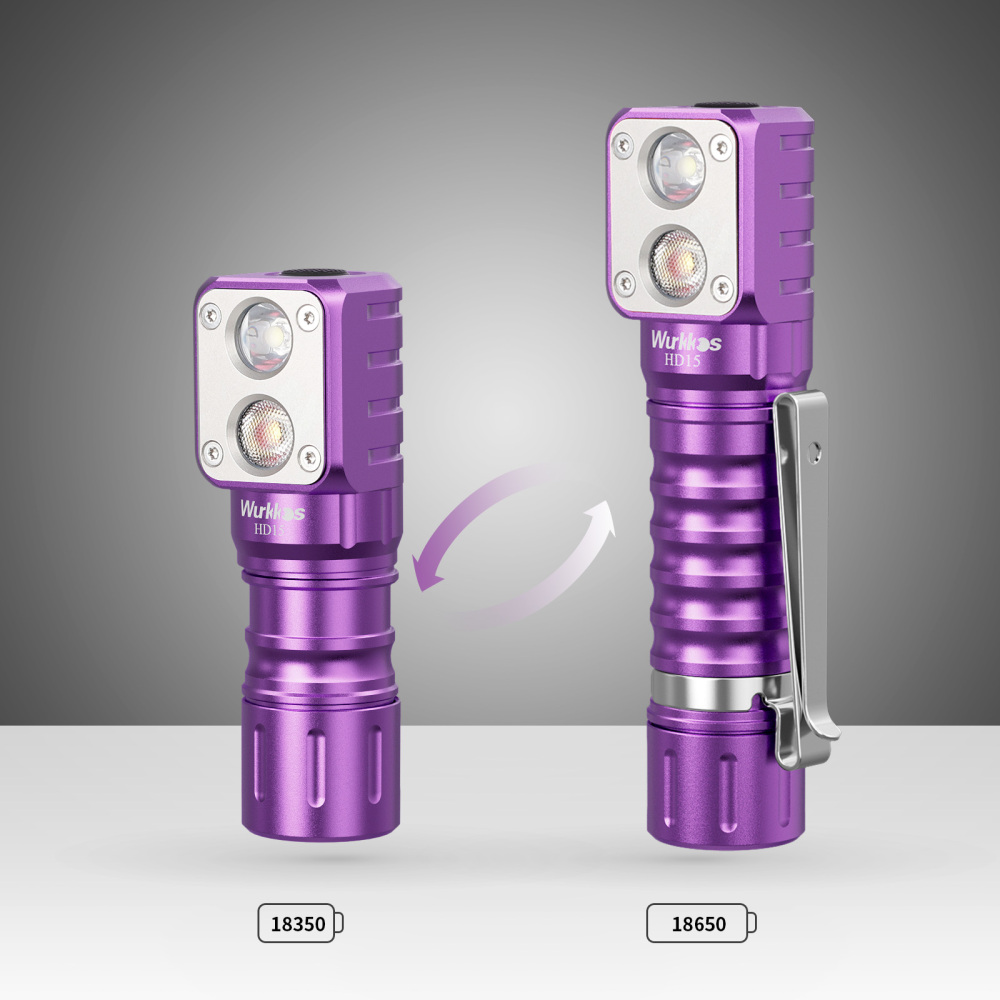 [Purple Promotion] Wurkkos HD15 Angle Flashlight, Dual LEDs, Replaceable short tube included, Rechargeable 18650 Battery with Reverse Charging, spring clearance