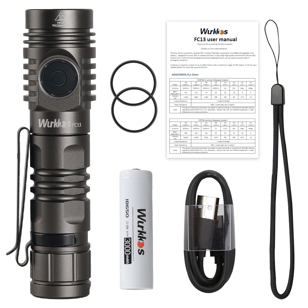 Wurkkos FC13 3500lm Flashlight, Reverse Charging, RGB AUX Button Light / Anduril 2.0 / IP68