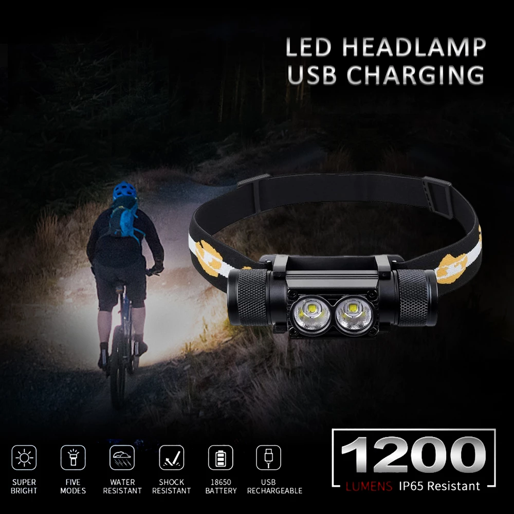 D25S Waterproof headlamp 18650 headlight 5 Modes dual Luminus SST40 LED 1200lm USB Rechargeable Torches Work Hiking Light lamp