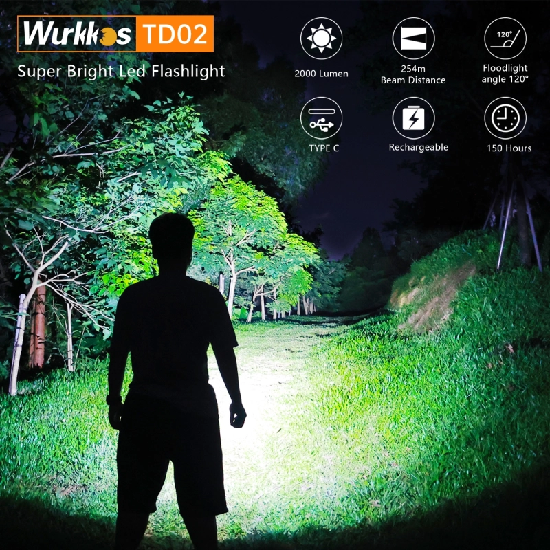 【New Release】Wurkkos TD02 Tactical Flashlight, 2000LM 254M Pocket Rechargeable EDC Torch with Type C Charging Port, Tail Switch IPX8 Waterproof