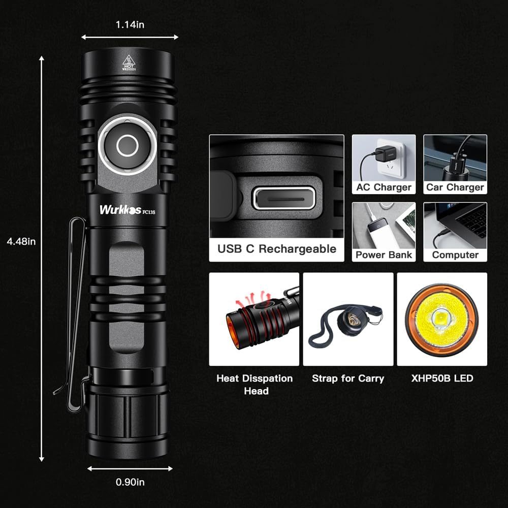 Wurkkos FC13S Flashlights Rechargeable, Super Bright EDC Torch Max 2500Lumens, IP68 Waterproof, Adjust 6 Mode, Lockout Function, Small Handheld Flashlight for Camping Hiking Emergency
