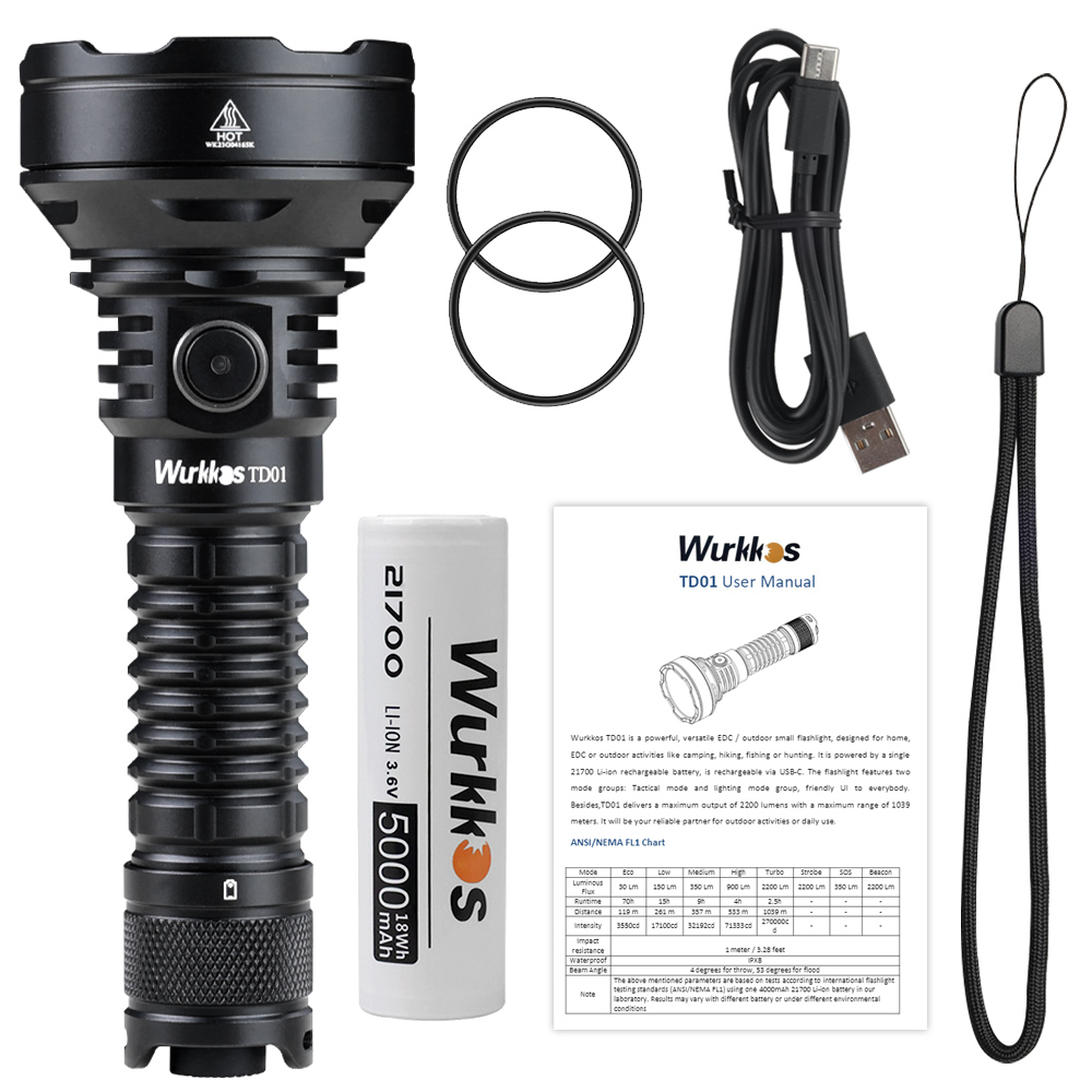 Wurkkos TD01/TD01C 21700 Rechargeable Tactical Flashlight LED USB-C ...