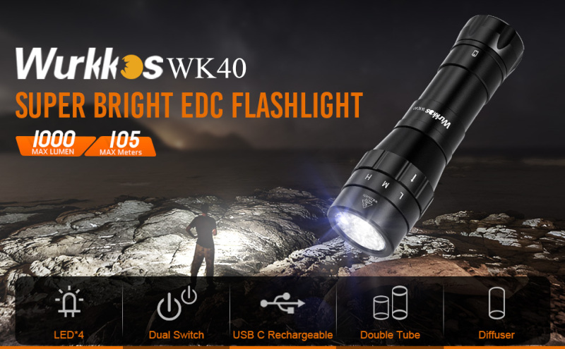 【Clearance】Wurkkos WK40 Rechargeable Multicolor Flashlight, 4*LEDs with TIR Optics, Colorful Infinite Gradient, 21700 Battery