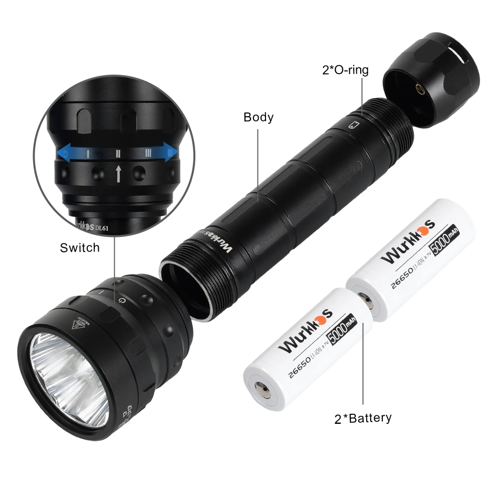 Wurkkos DL61 Powerful Bright Diving Flashlight 7000lm 6* XPL2 Dual 26650 Dive Light 4 Modes