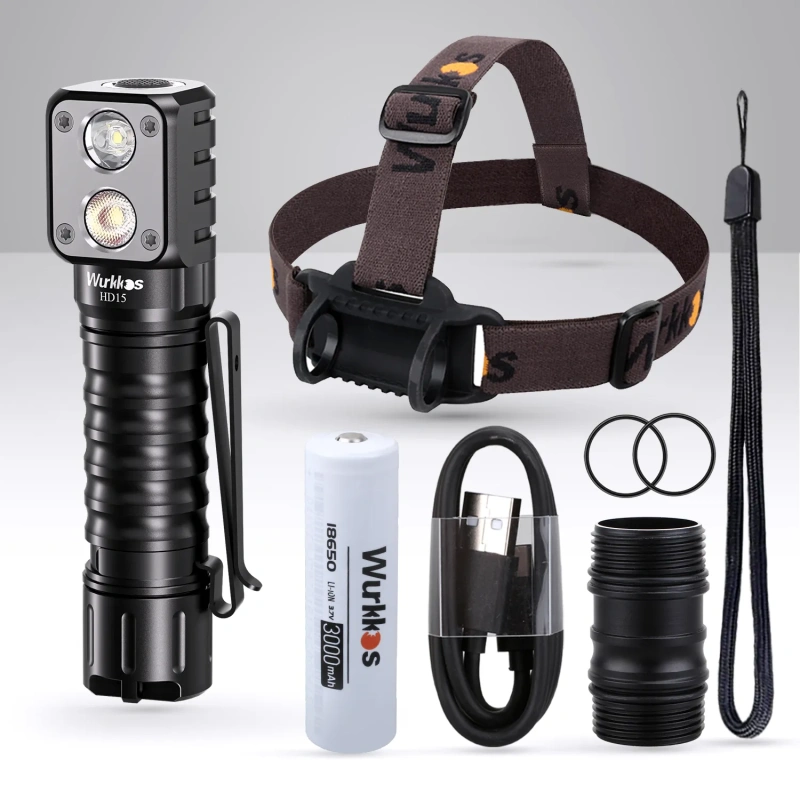 Wurkkos HD15 Angle Flashlight, Dual LEDs, Replaceable short tube included, Rechargeable 18650 Battery with Reverse Charging