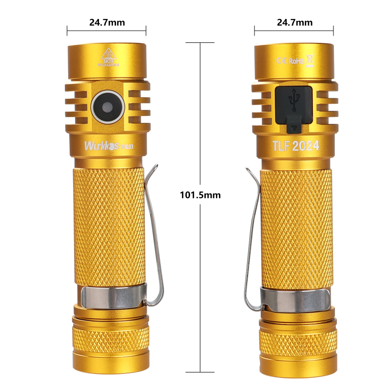 【New Release】Wurkkos WK03 Golden Yellow 1200lm Nichia 519A TLF USB C Rechargeable 18650 EDC Light, Simple UI with Power Indicator/ATR, Magnetic Tail Cap