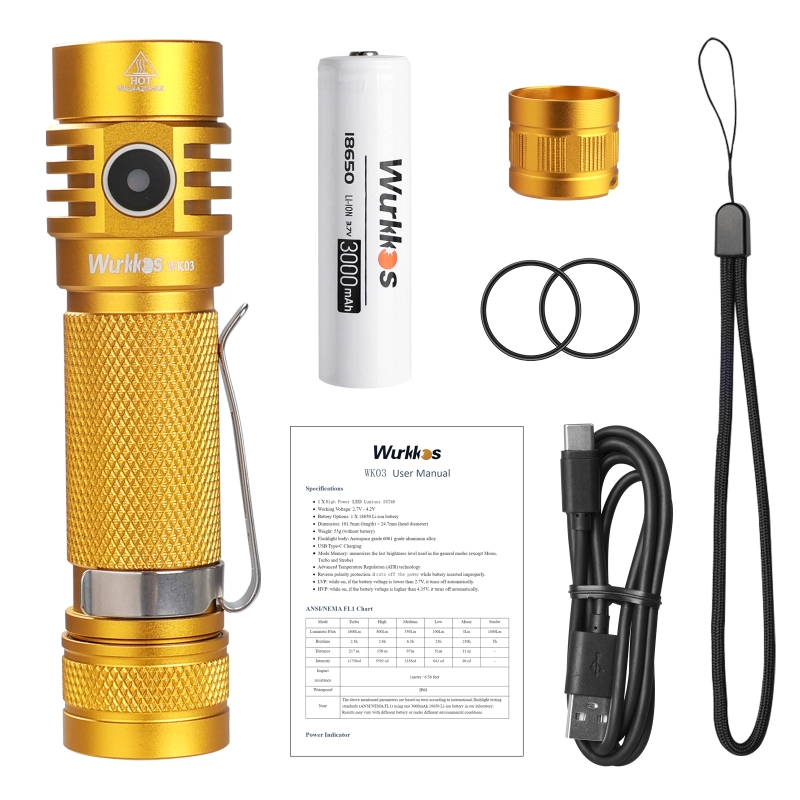 【New Release】Wurkkos WK03 Golden Yellow 1200lm Nichia 519A TLF USB C Rechargeable 18650 EDC Light, Simple UI with Power Indicator/ATR, Magnetic Tail Cap