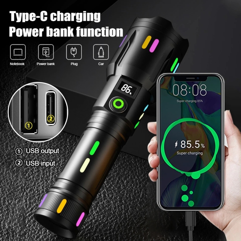 Tactical Zoomable Flashlight 1400LM 500 Meter Long-Range Laser Hiking Torch TYPE-C Rechargeable Fluorescent Search Spotlight