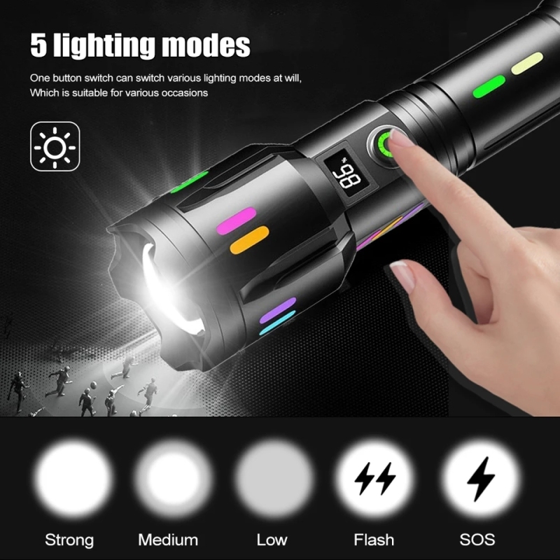 Tactical Zoomable Flashlight 1400LM 500 Meter Long-Range Laser Hiking Torch TYPE-C Rechargeable Fluorescent Search Spotlight