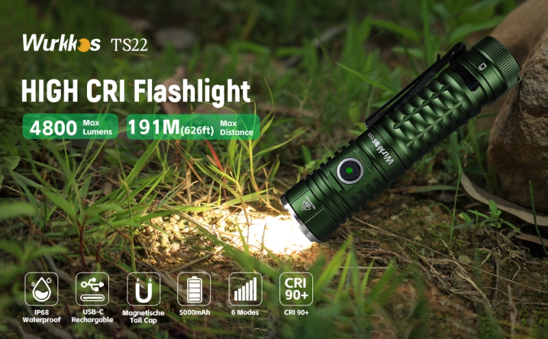 【New 70.3 HI 90CRI】Wurkkos TS22 XHP70.2 Powerful 4500LM  21700 LED Flashlight XHP70.3 with Magnet Tail & Reverse Charging USB C Rechargeable