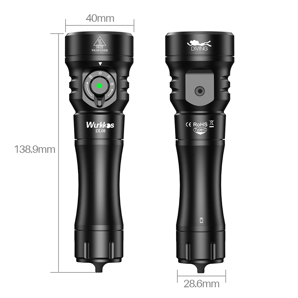 Wurkkos DL08 3600lm Rechargeable Diving Light, Long-Range Spotlight & Wide Floodlight with Red & UV LEDs, Underwater Torch IP68