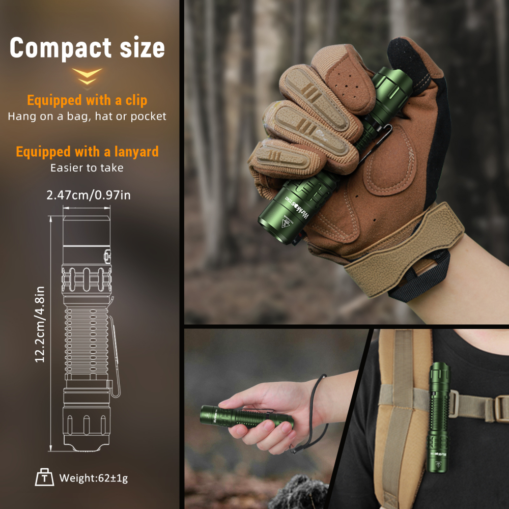 Wurkkos TD02 Tactical Flashlight, 2000LM 254M Pocket Rechargeable EDC Torch with Type C Charging Port, Tail Switch IPX8 Waterproof