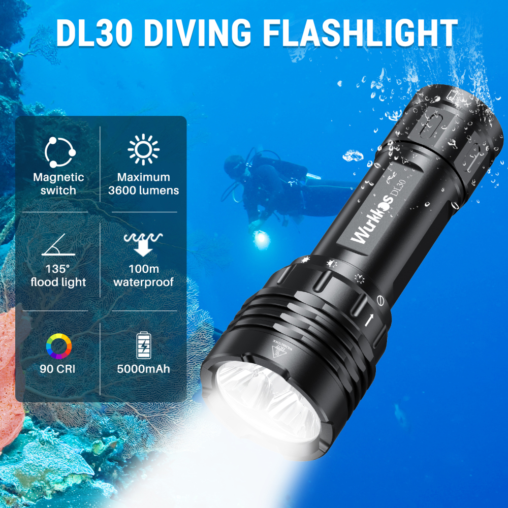 DL30 21700 Diving Flashlight 3600lm Triple LH351D High CRI Magnetic Control Ring Switch