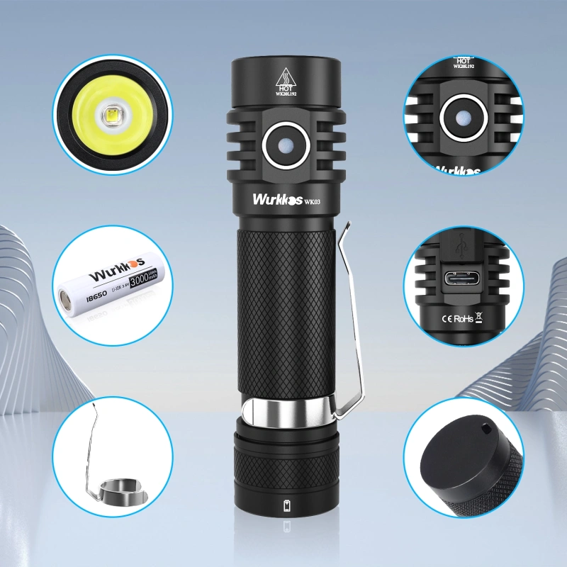 Wurkkos WK03 1800lm SST40 USB C Rechargeable 18650 EDC Light, Simple UI with Power Indicator/ATR