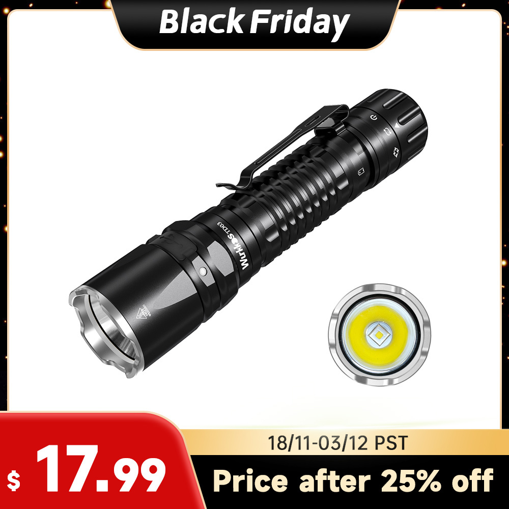 Wurkkos TD03  USB C Rechargeable Tactical Flashlight, SFT40 5000K 1800lm Throw 353M Rotary Switch EDC Torch