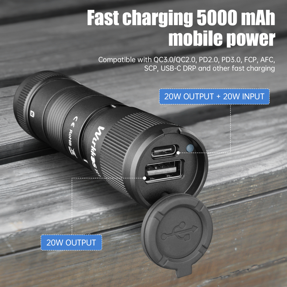 【New Release】Wurkkos H1 Flashlight Partner Portable Powerbank with Clip ,Battery Removable/ Aluminum Alloy Body
