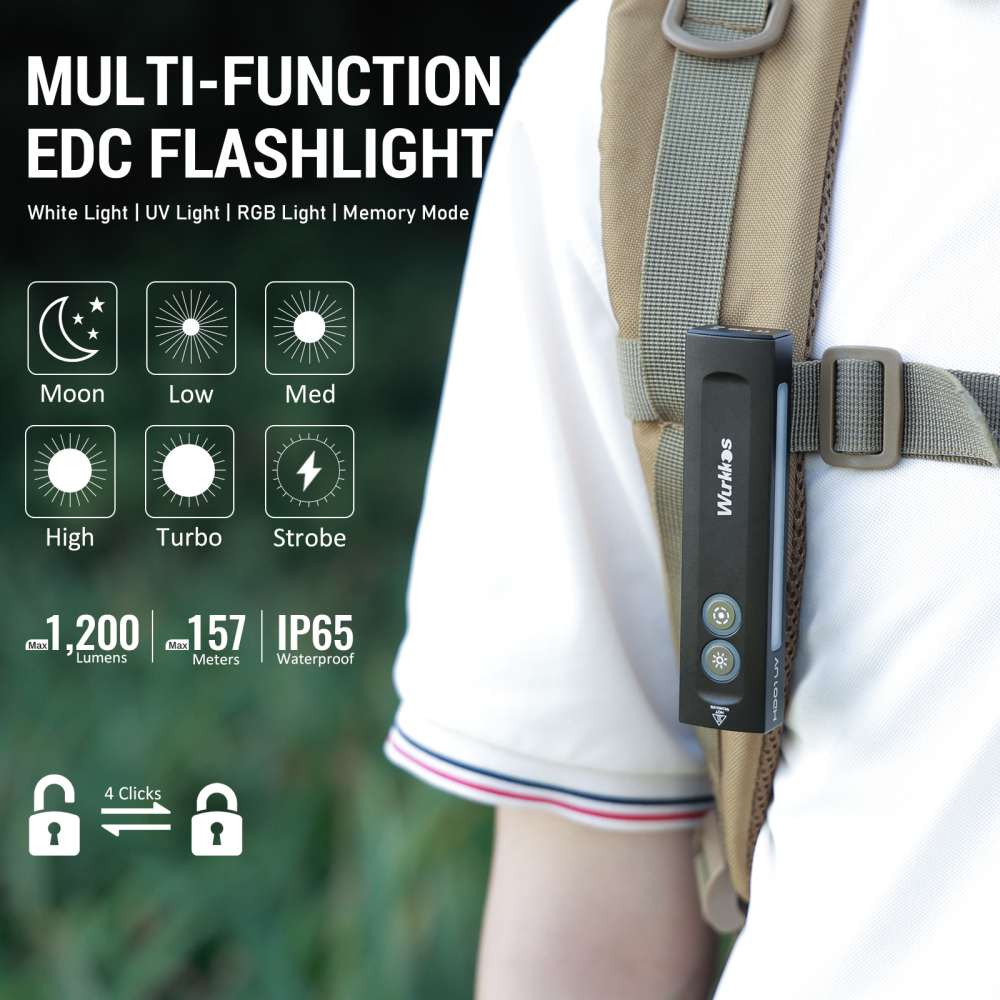 【USA warehouse】Wurkkos HD01UV Multifunctional EDC Flashlight, with 365nm UV light and White flood led, Side RGB Lights/Dual Switch/Magnetic Tail