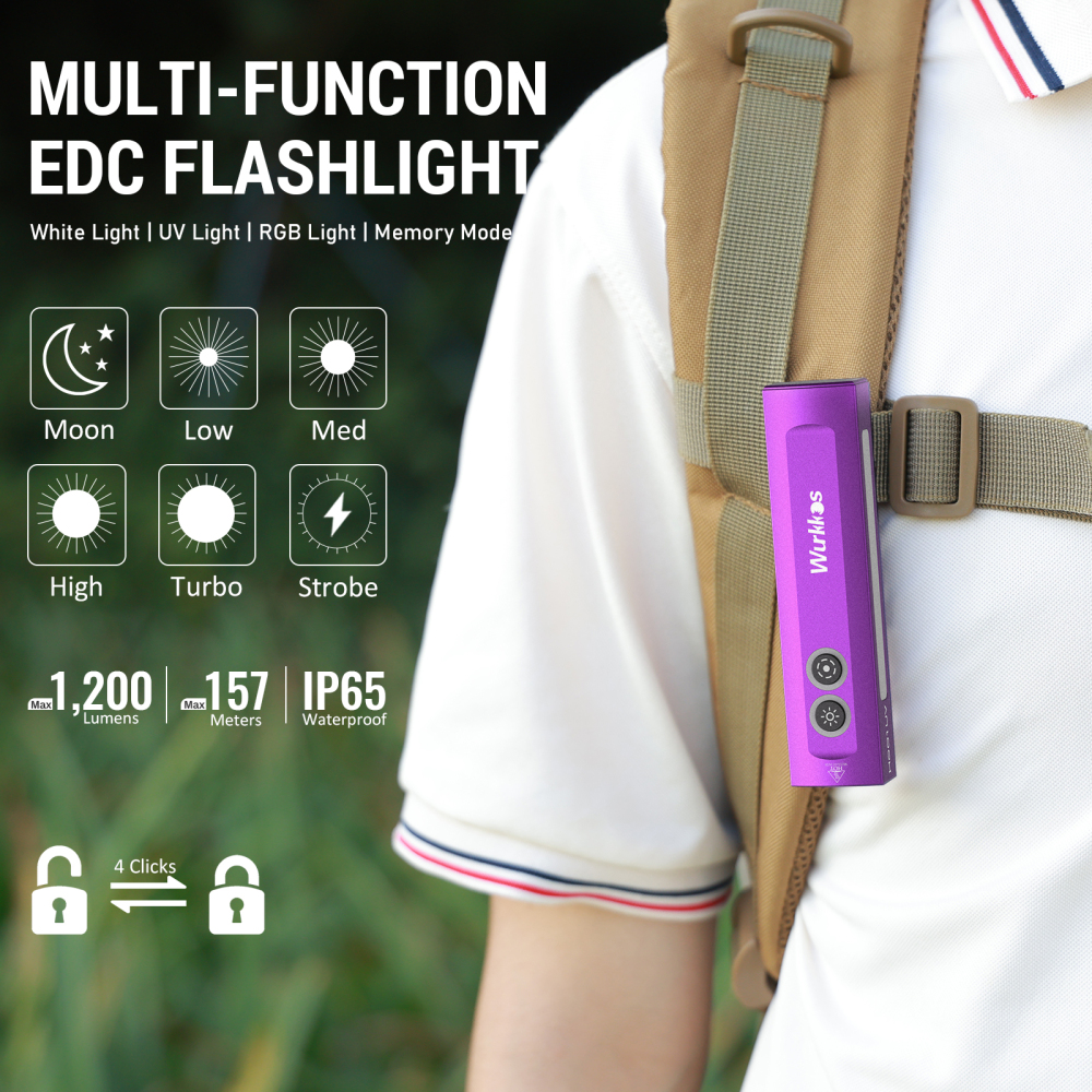 Wurkkos HD01UV Multifunctional EDC Flashlight, with 365nm UV light and White flood led, Side RGB Lights/Dual Switch/Magnetic Tail