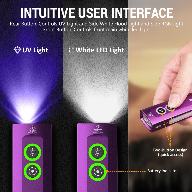 【USA warehouse】Wurkkos HD01UV Multifunctional EDC Flashlight, with 365nm UV light and White flood led, Side RGB Lights/Dual Switch/Magnetic Tail