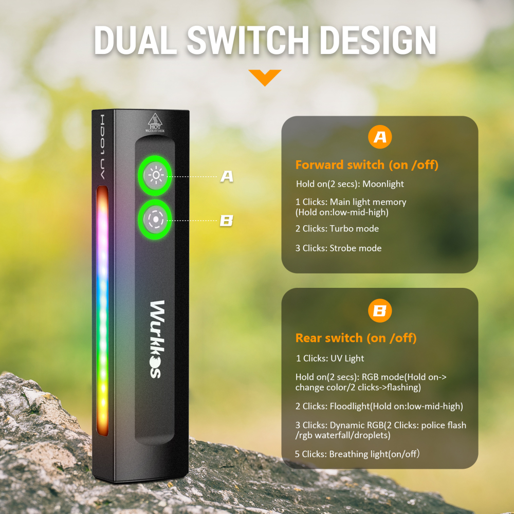 Wurkkos HD01UV Multifunctional EDC Flashlight, with 365nm UV light and White flood led, Side RGB Lights/Dual Switch/Magnetic Tail