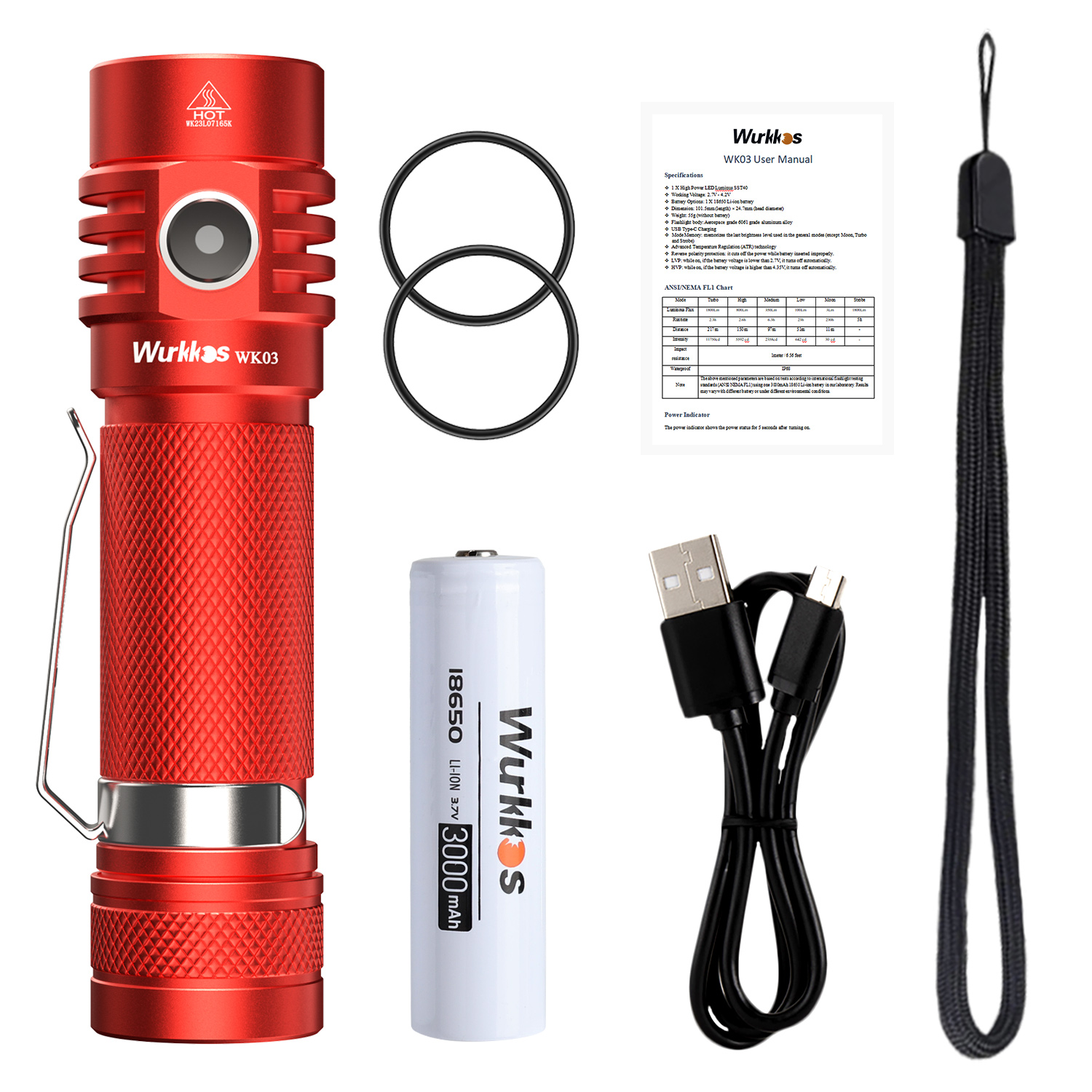 Wurkkos WK03 1800lm SST40 USB C Rechargeable 18650 EDC Light
