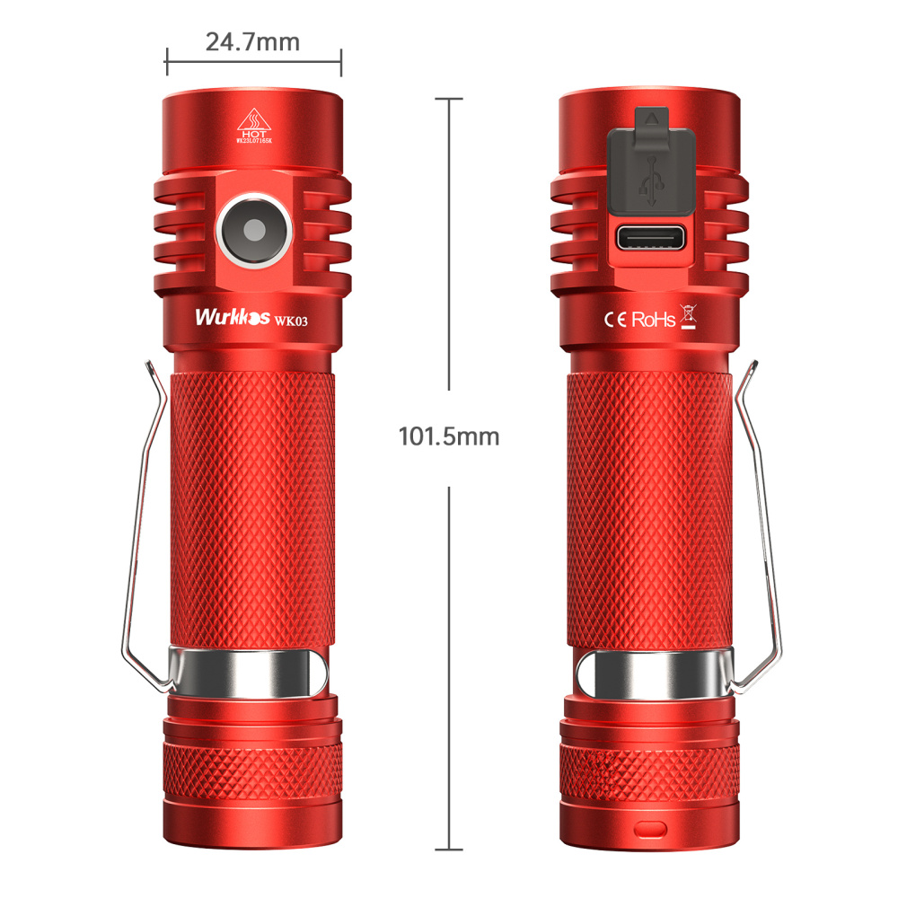 【Red available】Wurkkos WK03 1800lm SST40 USB C Rechargeable 18650 EDC Light, Simple UI with Power Indicator/ATR