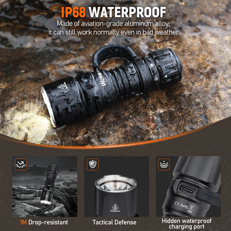 【New Release】Wurkkos TD07 Tactical Flashlight, SFT25R 6000k Mini Powerful LED, Max output 1300 lm, Long range 479m, 2 Mods Tactical and Outdoor