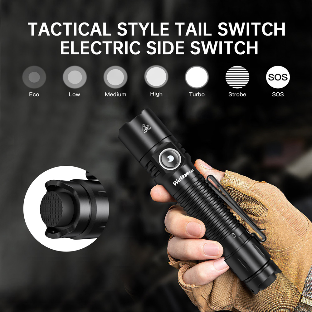 Wurkkos TD05 18650 Rechargeable Tactical Flashlight ,1800lm Throw 373M, Dual button Side Switch& Constant current Circuit