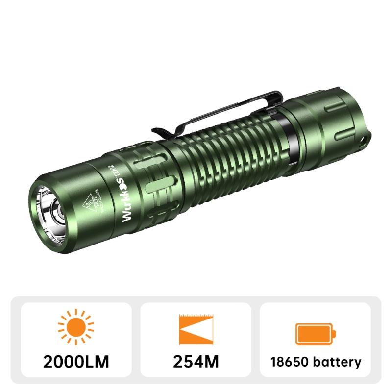 Wurkkos TD02 Tactical Flashlight, 2000LM 254M Pocket Rechargeable EDC Torch with Type C Charging Port, Tail Switch IPX8 Waterproof