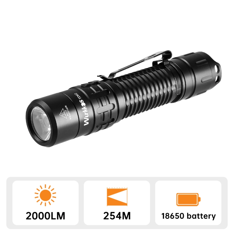 Wurkkos TD02 Tactical Flashlight, 2000LM 254M Pocket Rechargeable EDC Torch with Type C Charging Port, Tail Switch IPX8 Waterproof