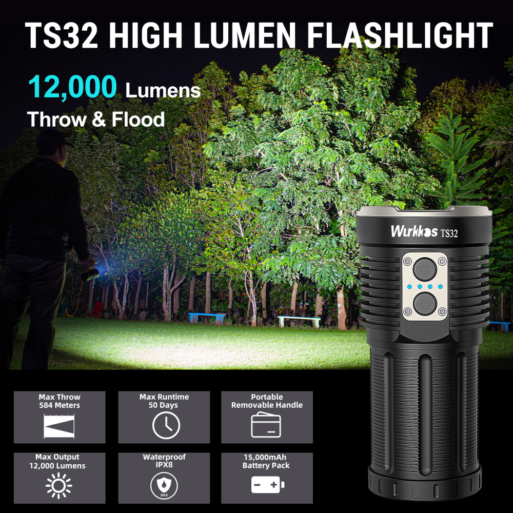 Wurkkos TS32 – 12000 Lumens Super Bright Flashlight with Spotlight & Floodlight, USB-C Rechargeable & Power Bank