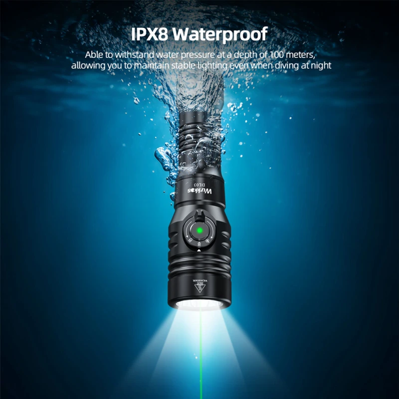 【New Release】Wurkkos DL03 Rechargeable Dive Light – 2800LM, 480M Beam, Green Laser & Power Indicator, 100M Waterproof for Safe Night Dives