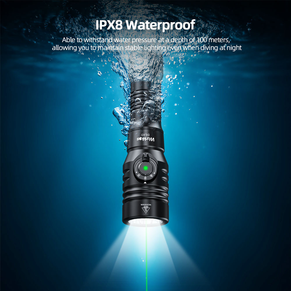 【New Release】Wurkkos DL03 Rechargeable Dive Light – 2800LM, 480M Beam, Green Laser & Power Indicator, 100M Waterproof for Safe Night Dives