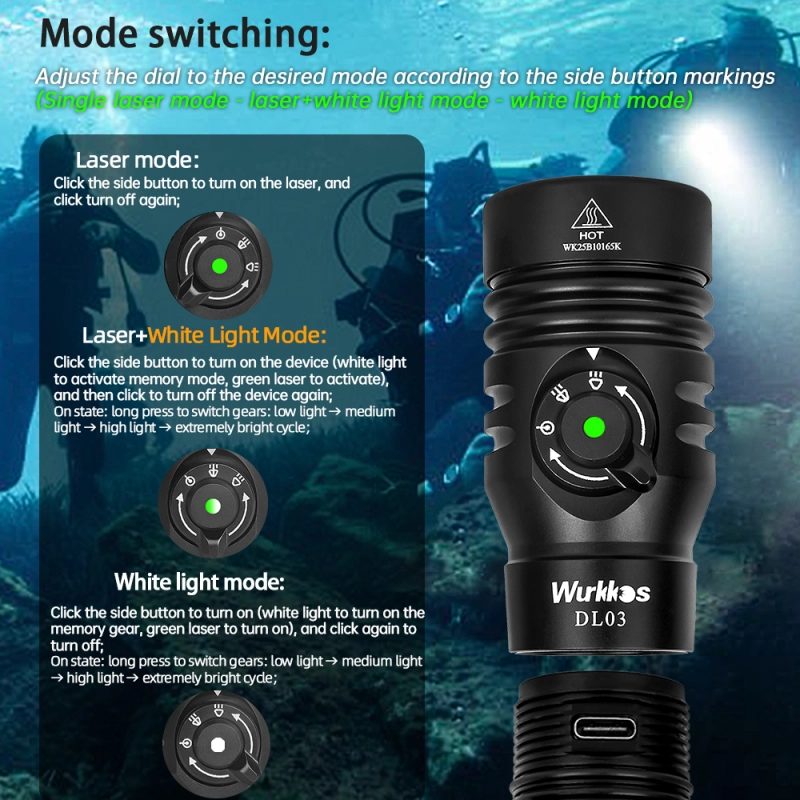 【New Release】Wurkkos DL03 Rechargeable Dive Light – 2800LM, 480M Beam, Green Laser & Power Indicator, 100M Waterproof for Safe Night Dives