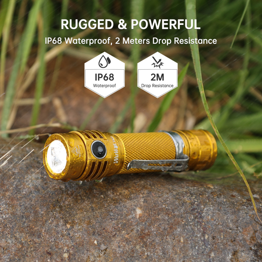Wurkkos -TLF Golden WK03 18650 EDC Light with Nichia 519A 5000K 1200lm/USB C Rechargeable/Extra Magnetic Tail Cap included