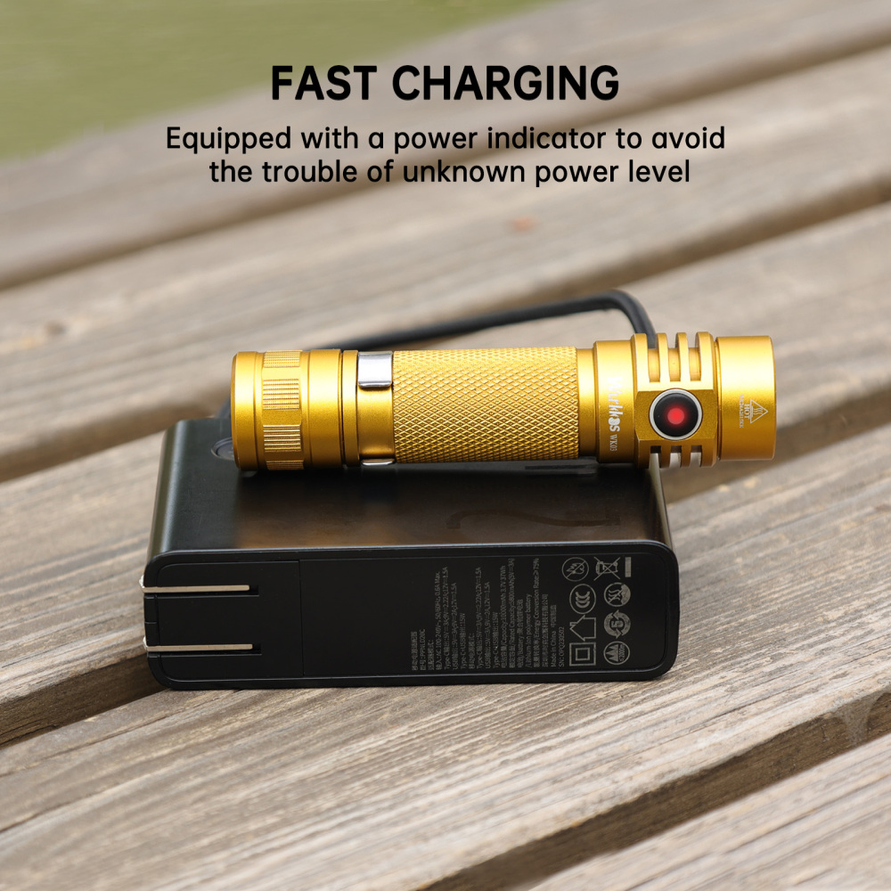 Wurkkos -TLF Golden WK03 18650 EDC Light with Nichia 519A 5000K 1200lm/USB C Rechargeable/Extra Magnetic Tail Cap included