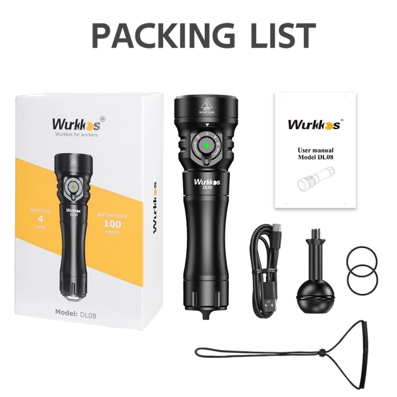 Wurkkos DL08 Dive Flashlight | Long Range, Wide Beam, Red & UV, 3600LM
