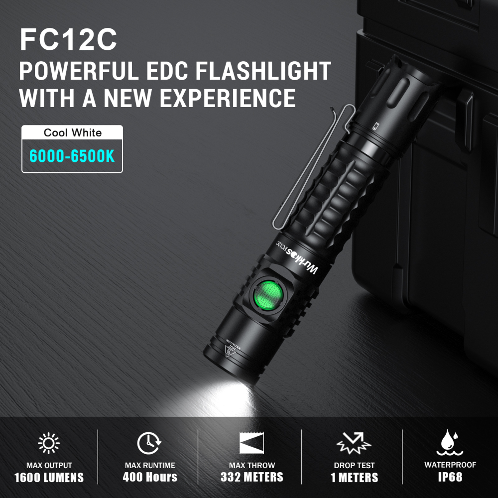 【EU warehouse】 Wurkkos FC12C Buck Circuit Tactical Flashlight, Long-range 1600 LM/332 M, Tactical & Ramping for indoor/outdoor use