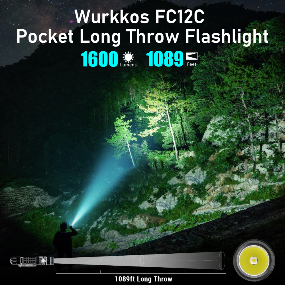 【EU warehouse】 Wurkkos FC12C Buck Circuit Tactical Flashlight, Long-range 1600 LM/332 M, Tactical & Ramping for indoor/outdoor use